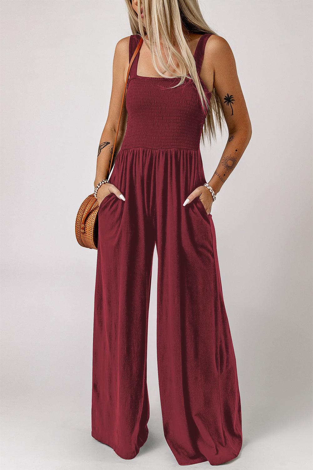 Smocked Square Neck Wide Leg Jumpsuit with Pockets BLUE ZONE PLANET