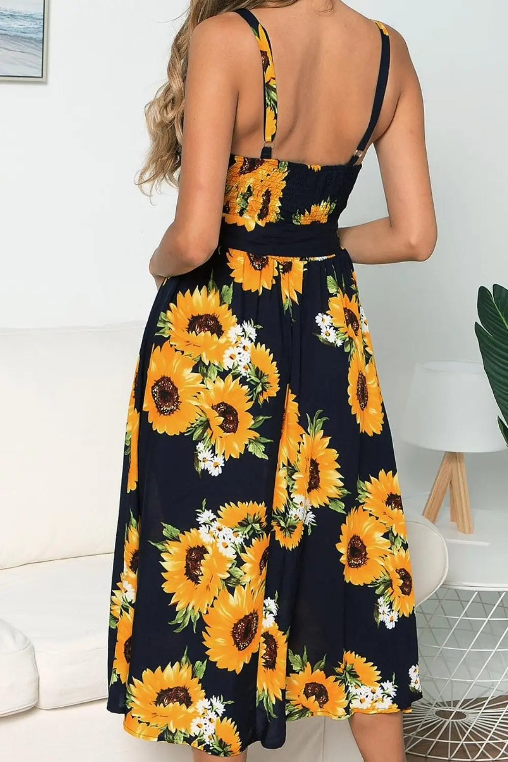 Smocked Sunflower Printed Sleeveless Cami Dress BLUE ZONE PLANET
