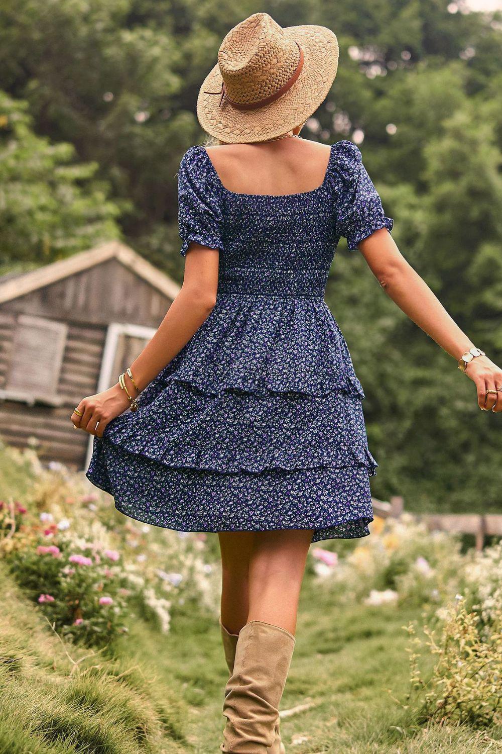 Smocked Sweetheart Neck Flounce Sleeve Mini Dress BLUE ZONE PLANET