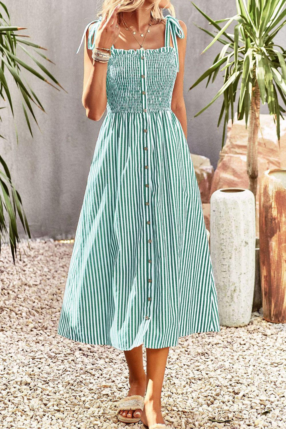 Smocked Tie Strap Sleeveless Striped Midi Dress BLUE ZONE PLANET