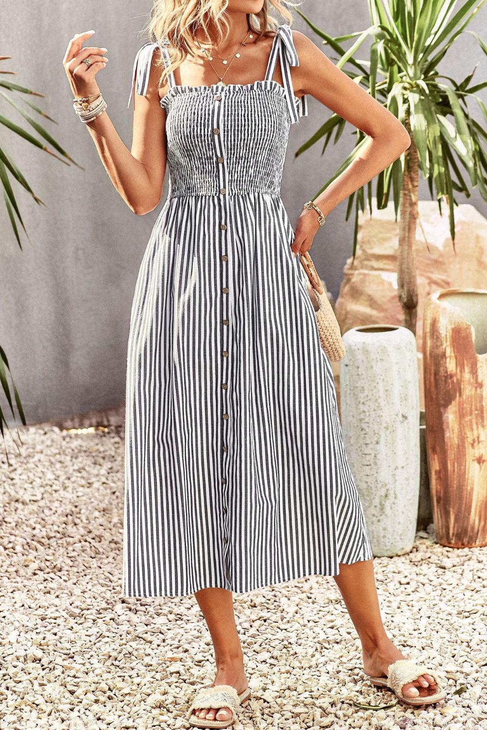 Smocked Tie Strap Sleeveless Striped Midi Dress BLUE ZONE PLANET