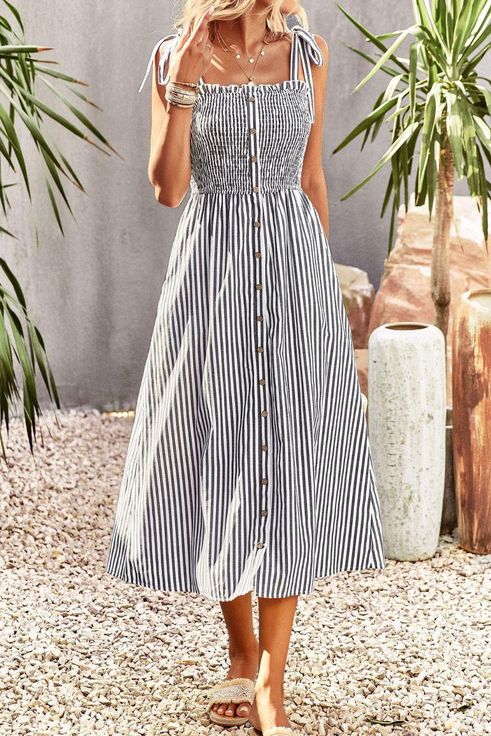 Smocked Tie Strap Sleeveless Striped Midi Dress BLUE ZONE PLANET