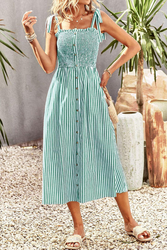 Smocked Tie Strap Sleeveless Striped Midi Dress BLUE ZONE PLANET