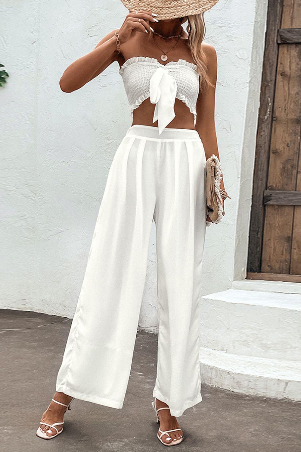 Smocked Tube Top and Wide Leg Pants Set BLUE ZONE PLANET
