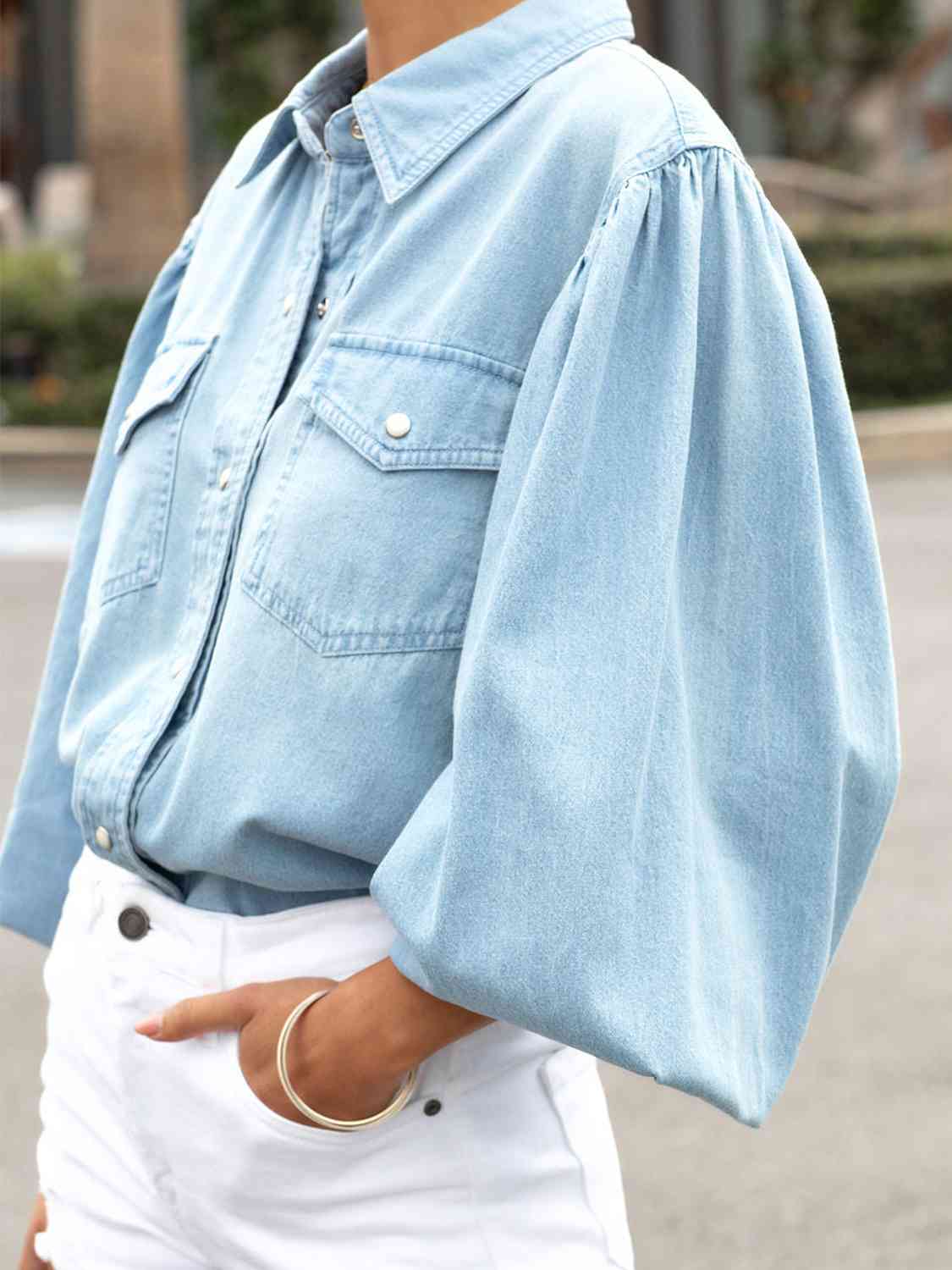 Snap Down Puff Sleeve Denim Jacket BLUE ZONE PLANET