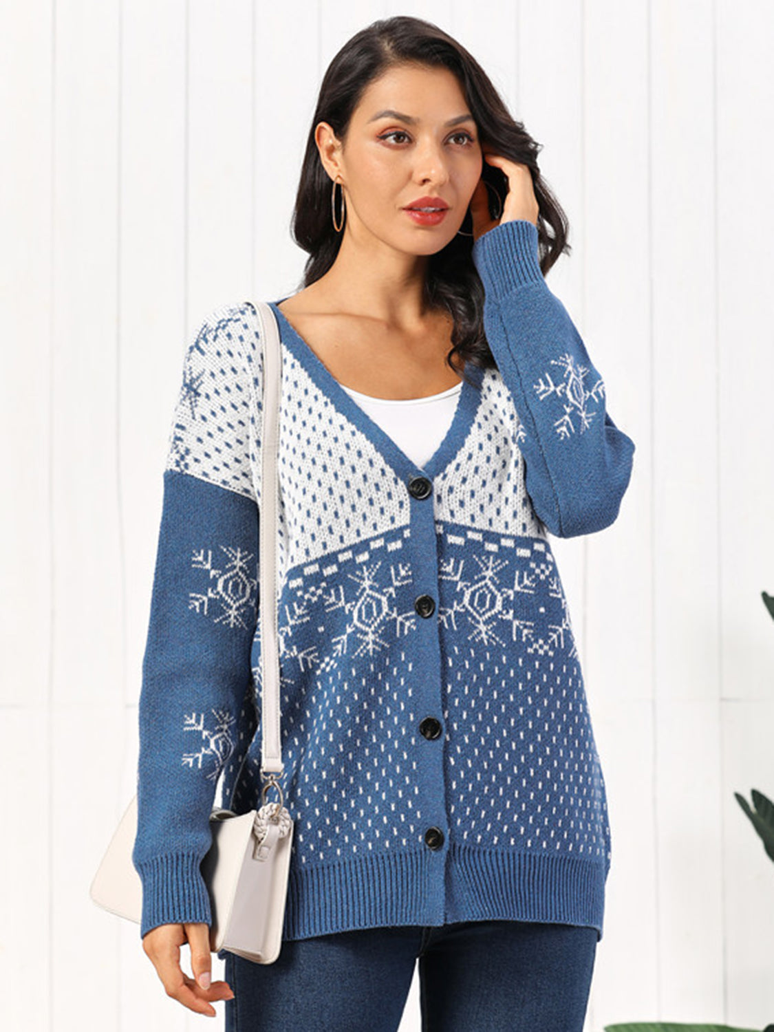 Snowflake Button Down Cardigan BLUE ZONE PLANET