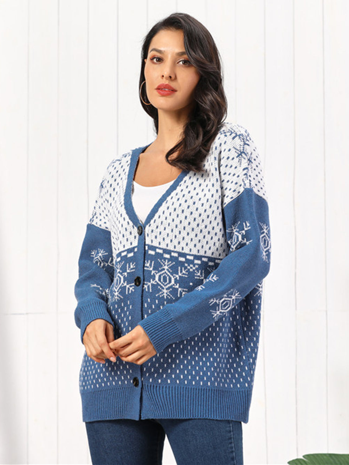 Snowflake Button Down Cardigan BLUE ZONE PLANET