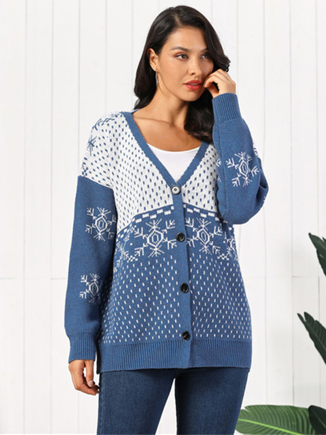 Snowflake Button Down Cardigan BLUE ZONE PLANET