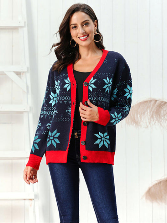 Snowflake Pattern Button Down Cardigan BLUE ZONE PLANET