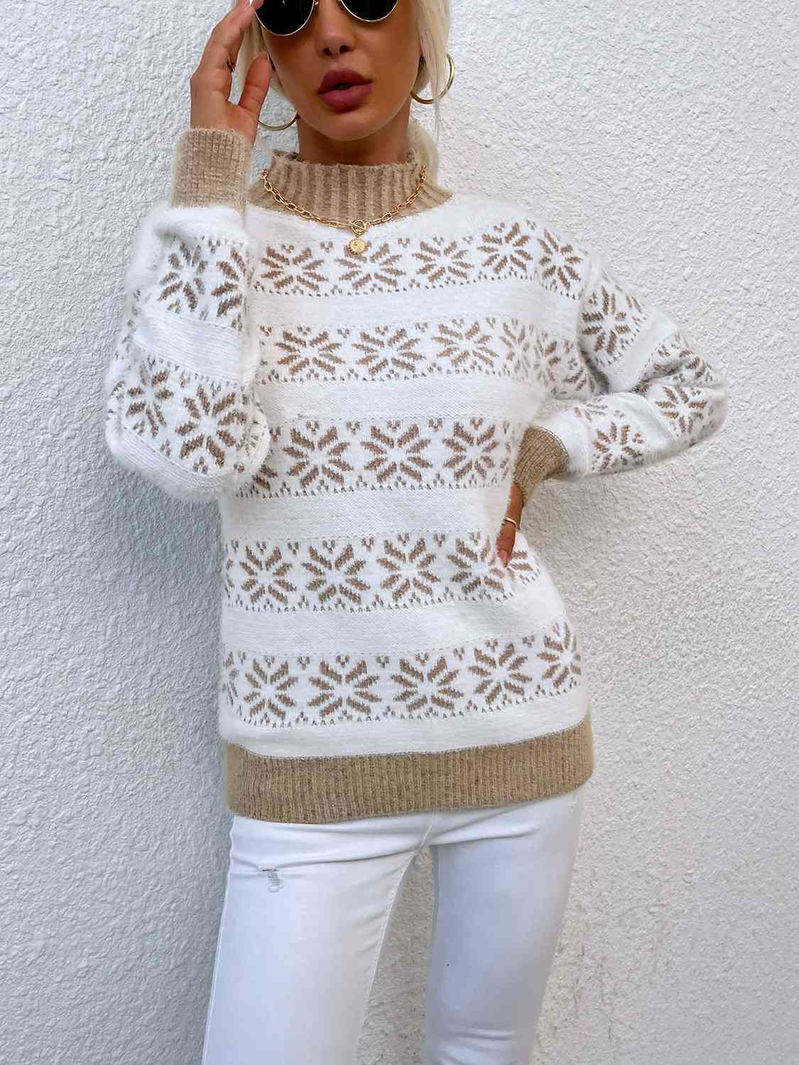 Snowflake Pattern Mock Neck Sweater BLUE ZONE PLANET