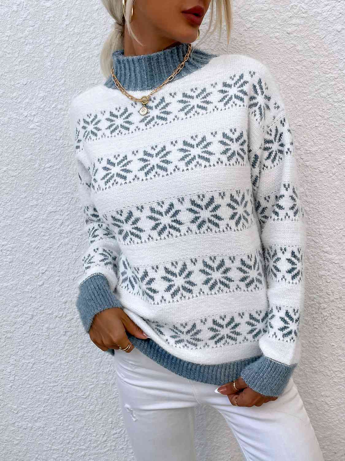 Snowflake Pattern Mock Neck Sweater BLUE ZONE PLANET