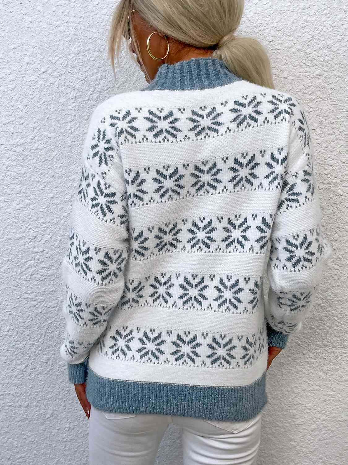 Snowflake Pattern Mock Neck Sweater BLUE ZONE PLANET