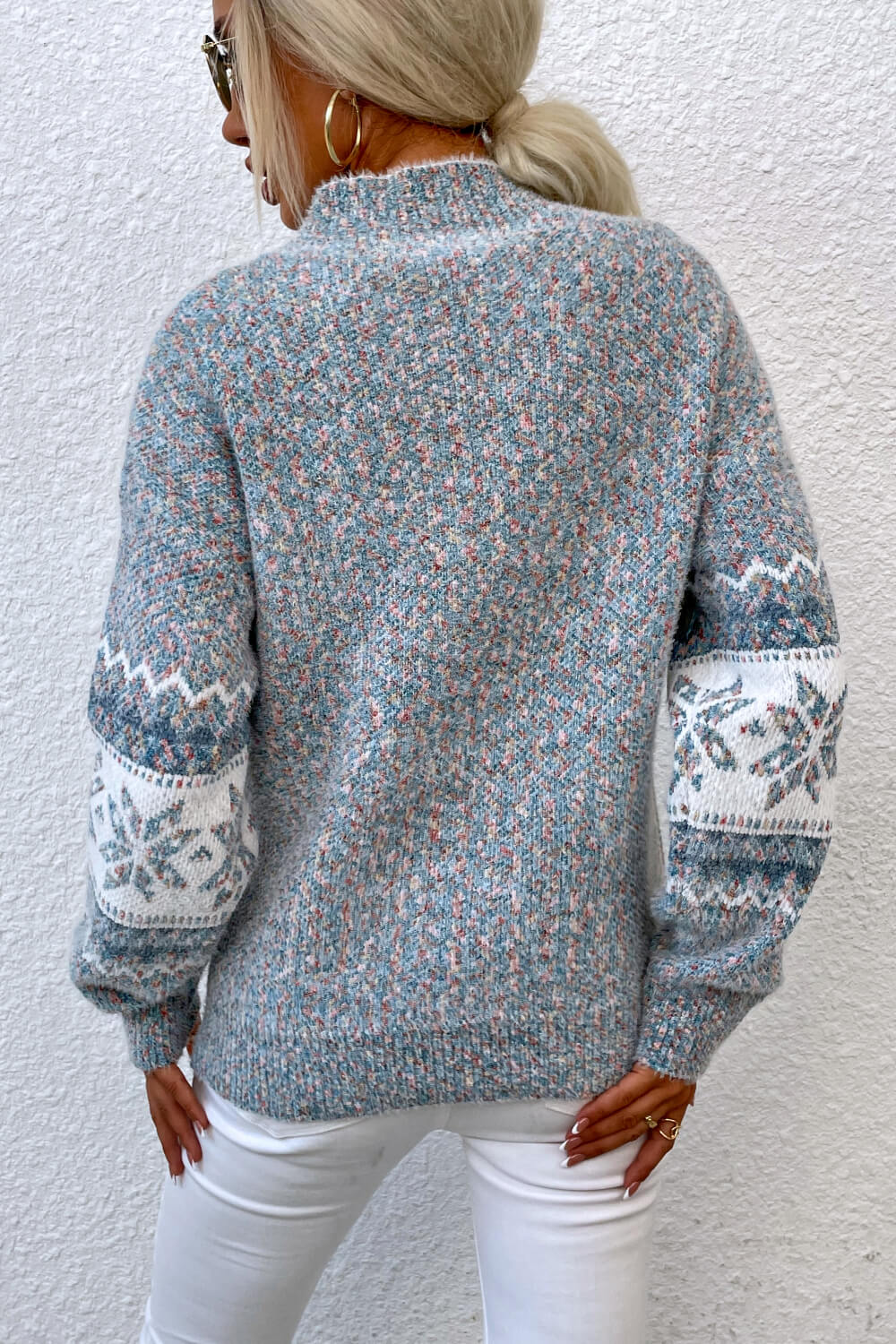 Snowflake Pattern Mock Neck Sweater BLUE ZONE PLANET