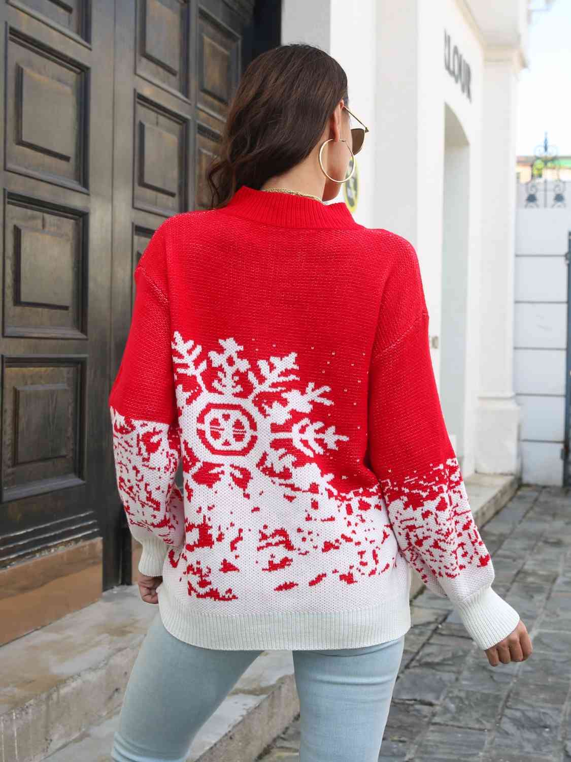 Snowflake Pattern Mock Neck Sweater BLUE ZONE PLANET