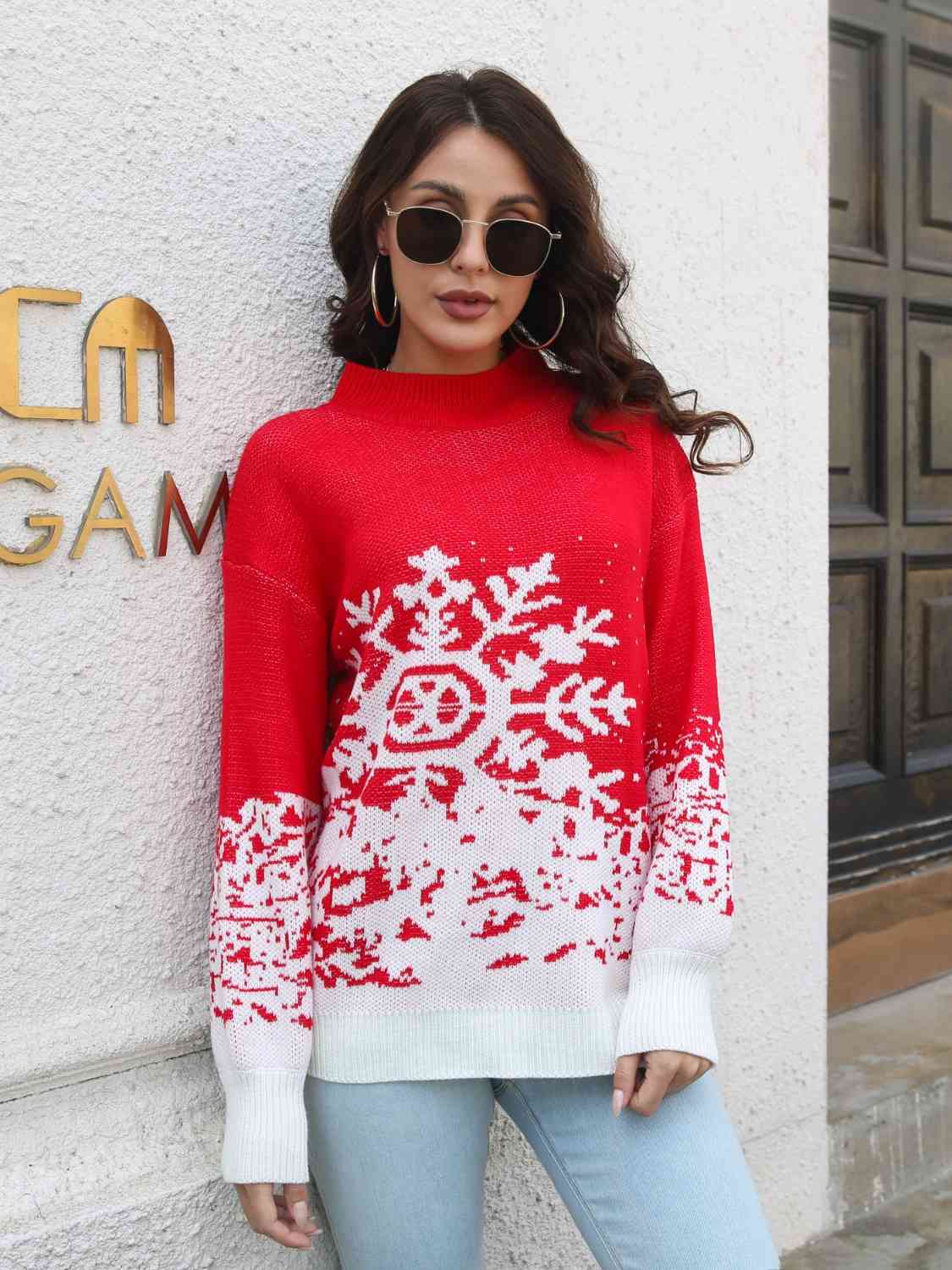 Snowflake Pattern Mock Neck Sweater BLUE ZONE PLANET