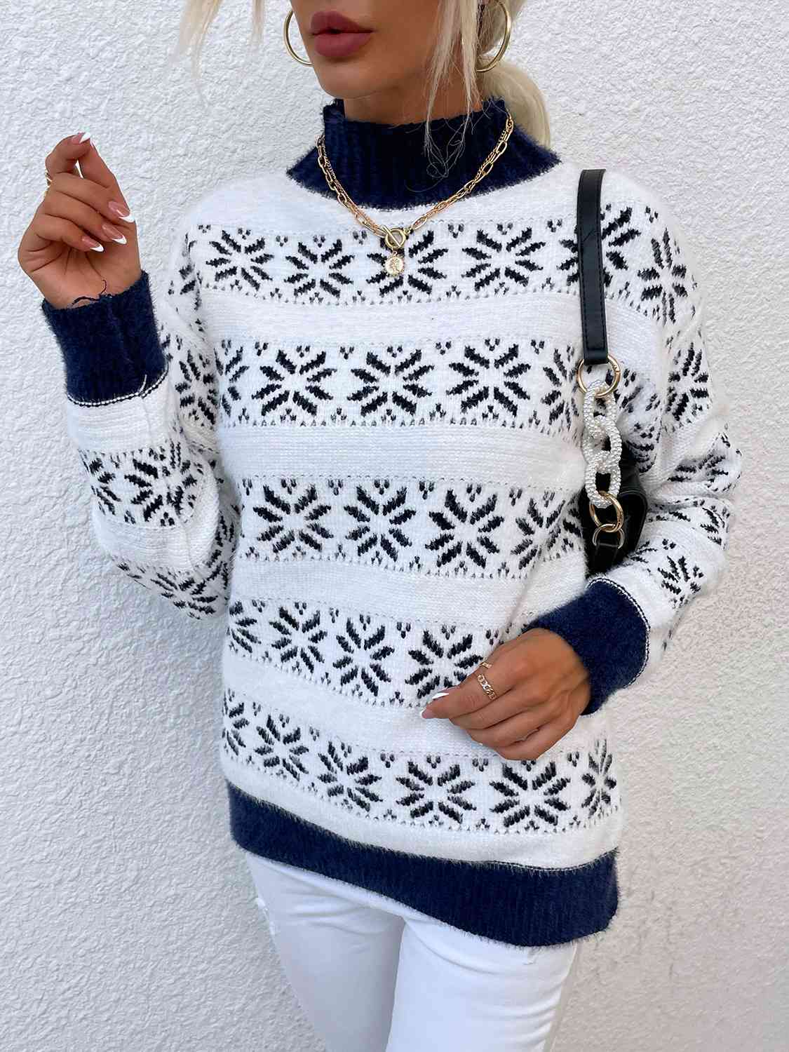 Snowflake Pattern Mock Neck Sweater BLUE ZONE PLANET