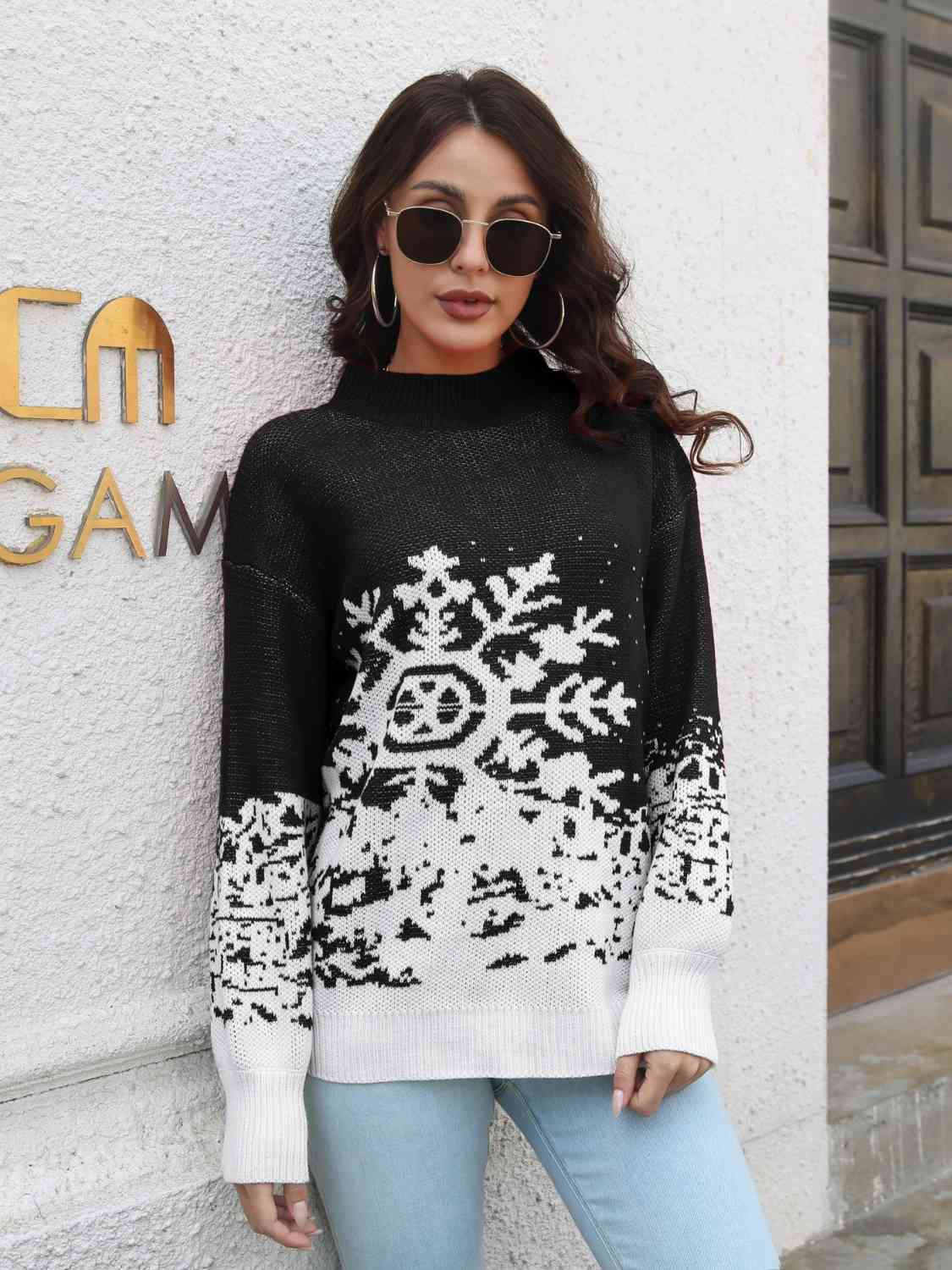 Snowflake Pattern Mock Neck Sweater BLUE ZONE PLANET