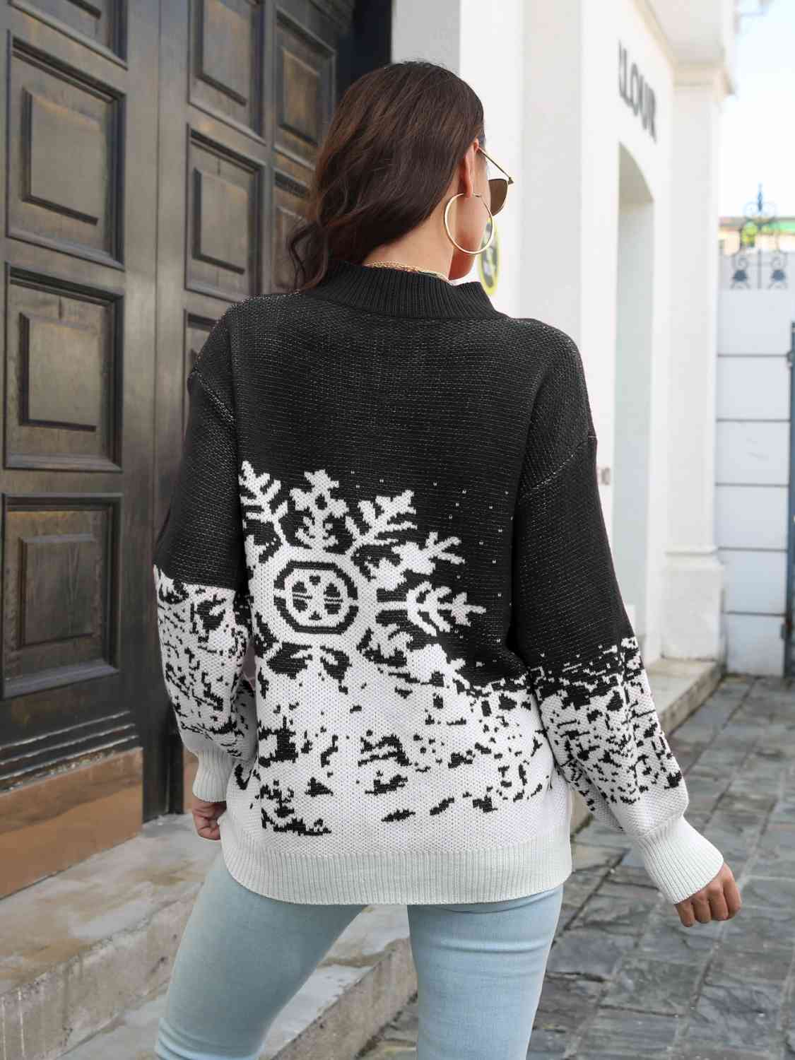 Snowflake Pattern Mock Neck Sweater BLUE ZONE PLANET