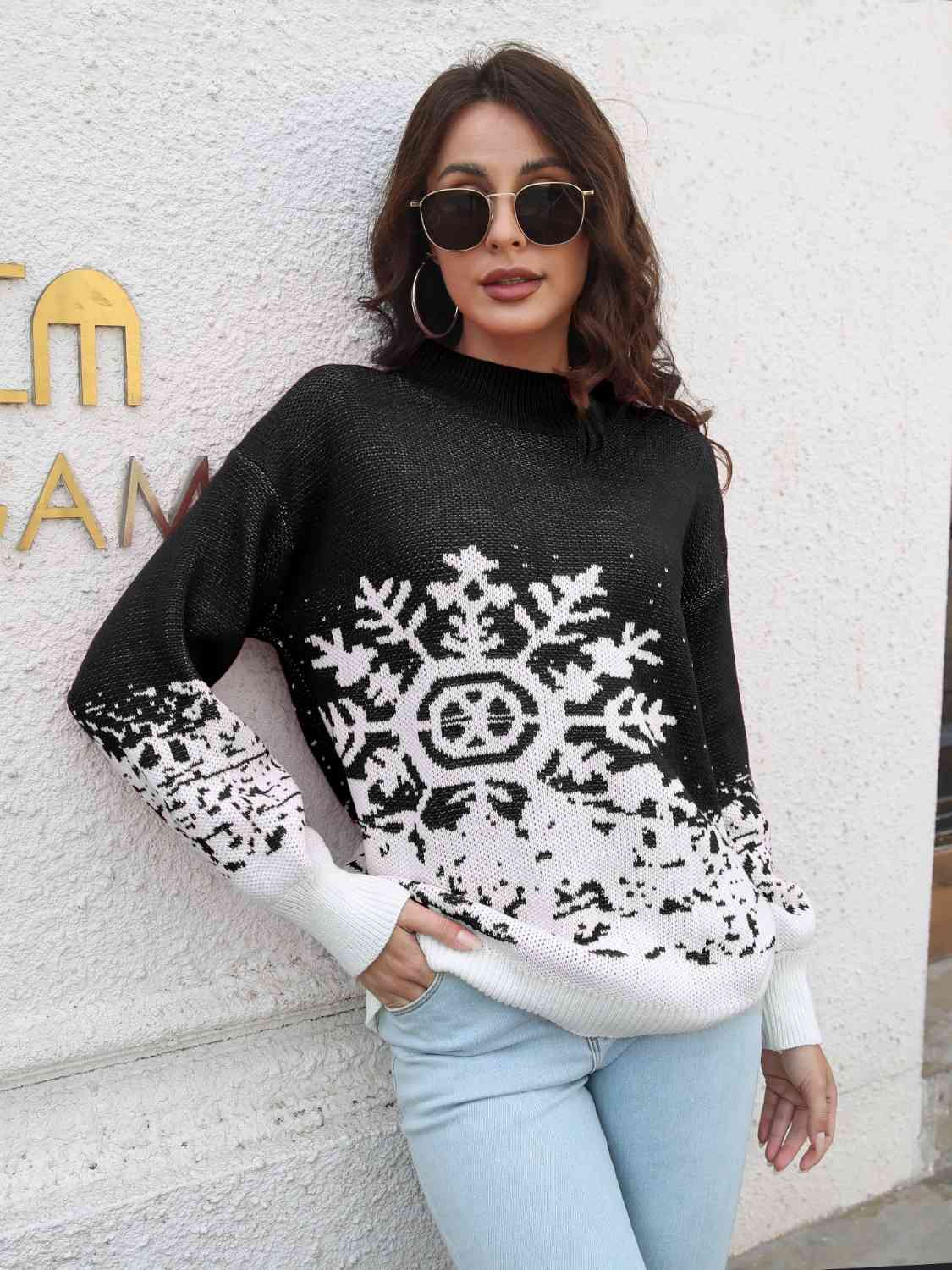 Snowflake Pattern Mock Neck Sweater BLUE ZONE PLANET