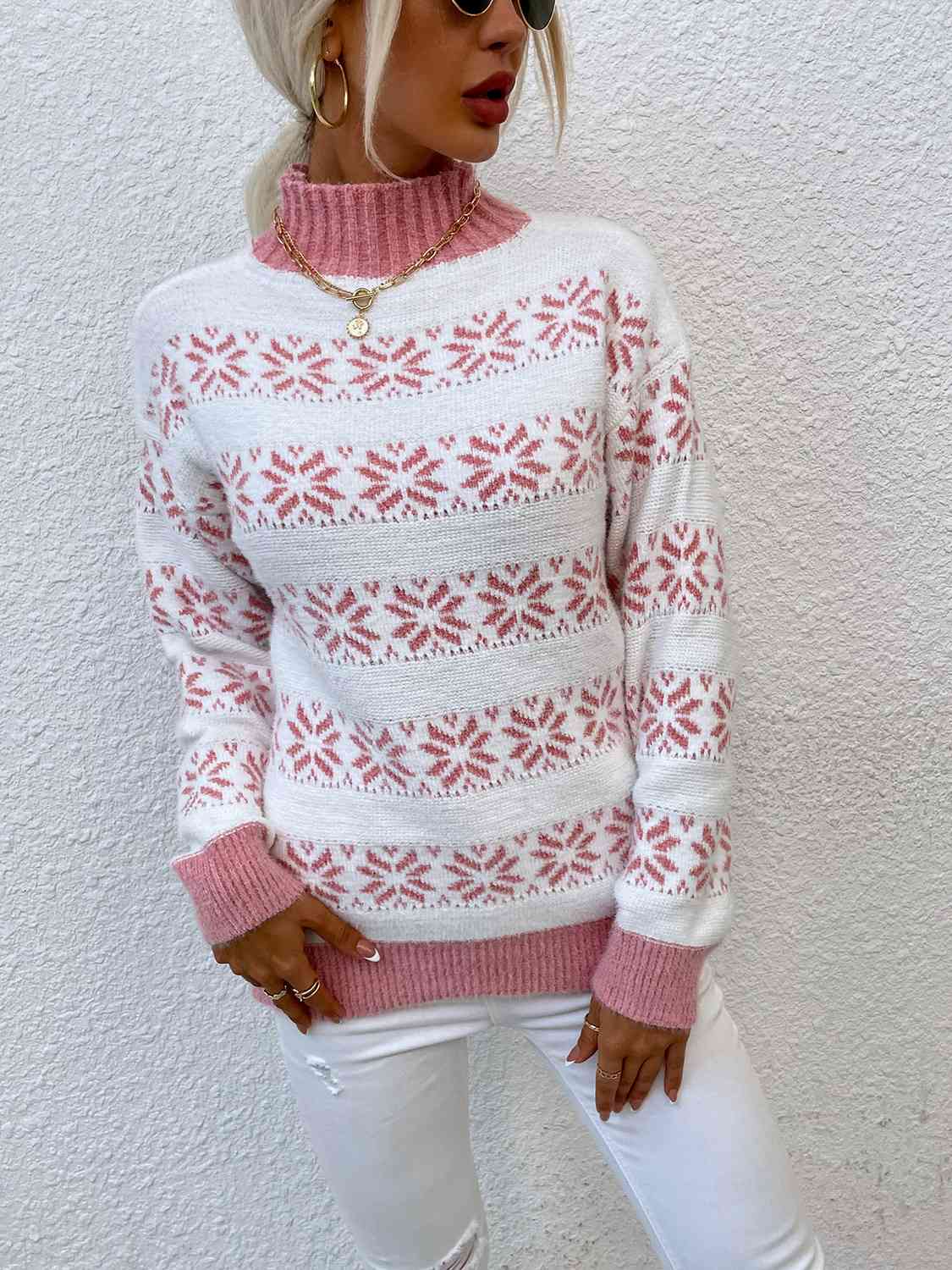 Snowflake Pattern Mock Neck Sweater BLUE ZONE PLANET