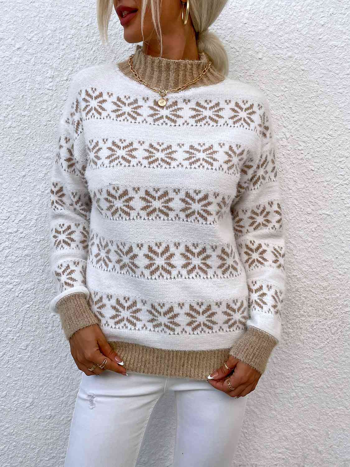 Snowflake Pattern Mock Neck Sweater BLUE ZONE PLANET