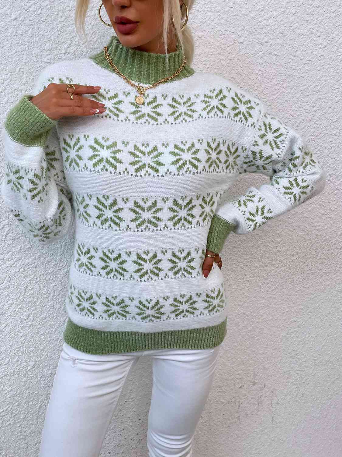 Snowflake Pattern Mock Neck Sweater BLUE ZONE PLANET