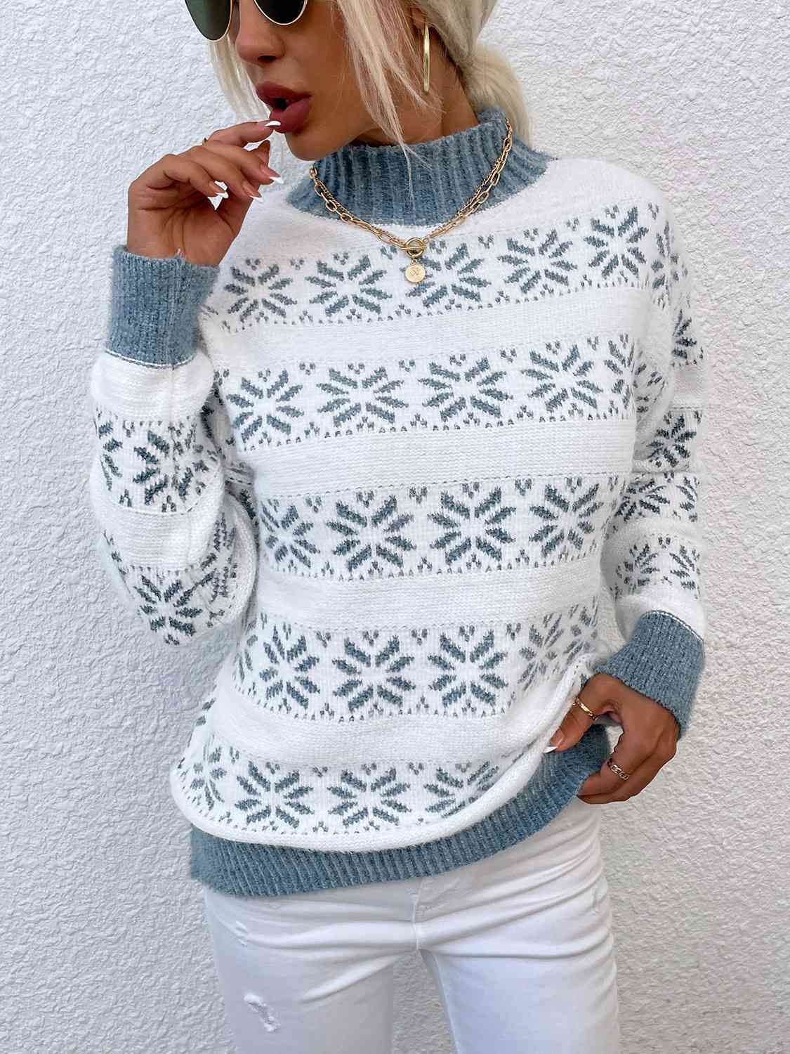 Snowflake Pattern Mock Neck Sweater BLUE ZONE PLANET