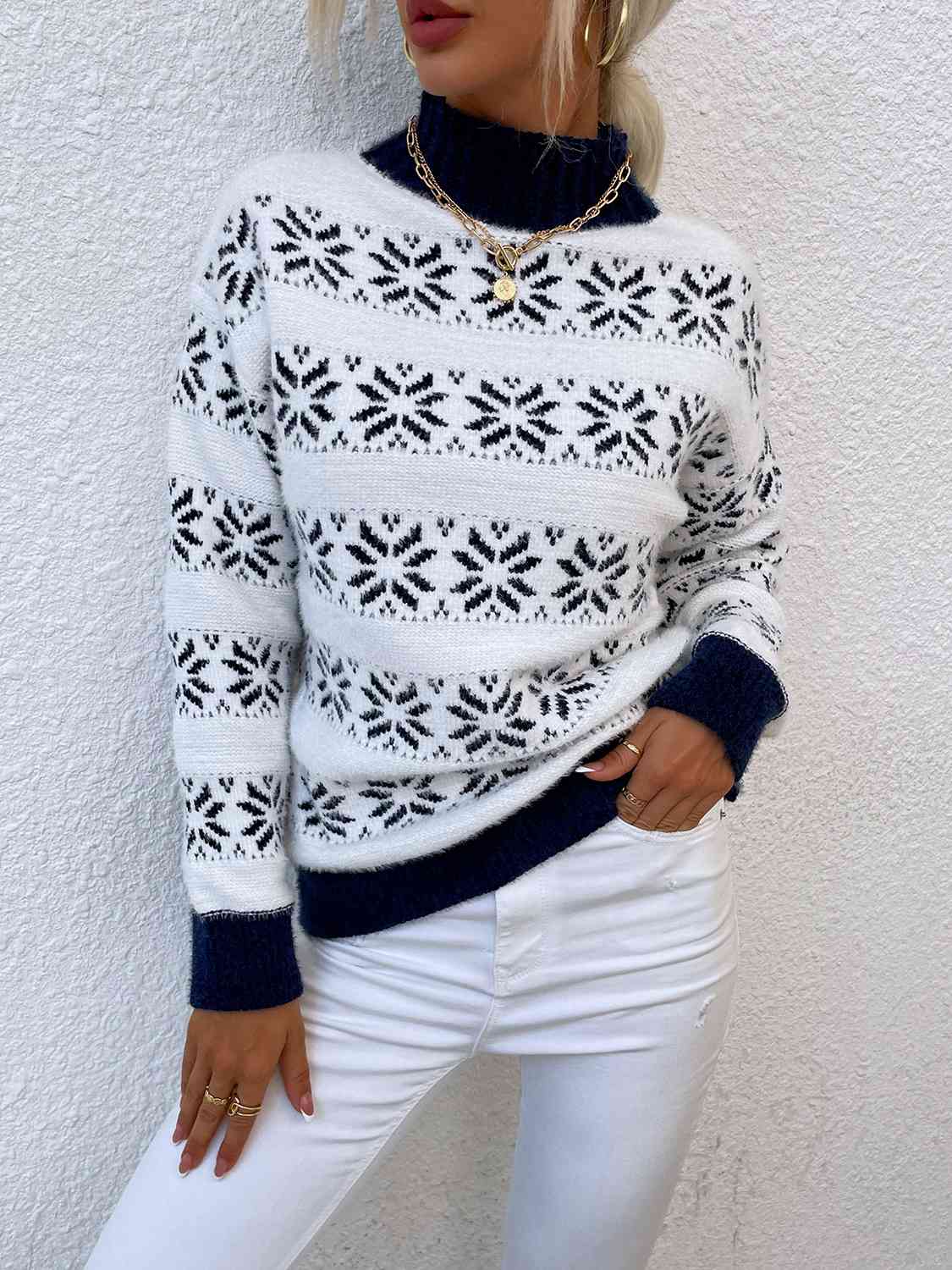 Snowflake Pattern Mock Neck Sweater BLUE ZONE PLANET