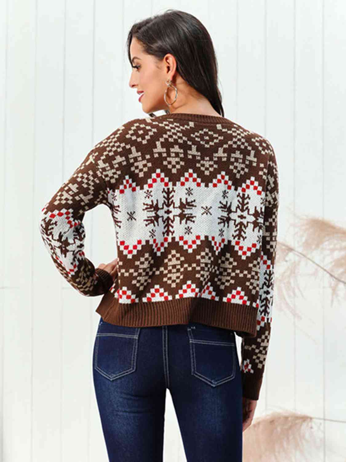 Snowflake Pattern Round Neck Sweater BLUE ZONE PLANET