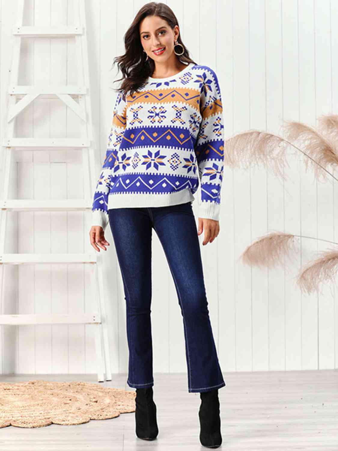 Snowflake Pattern Round Neck Sweater BLUE ZONE PLANET