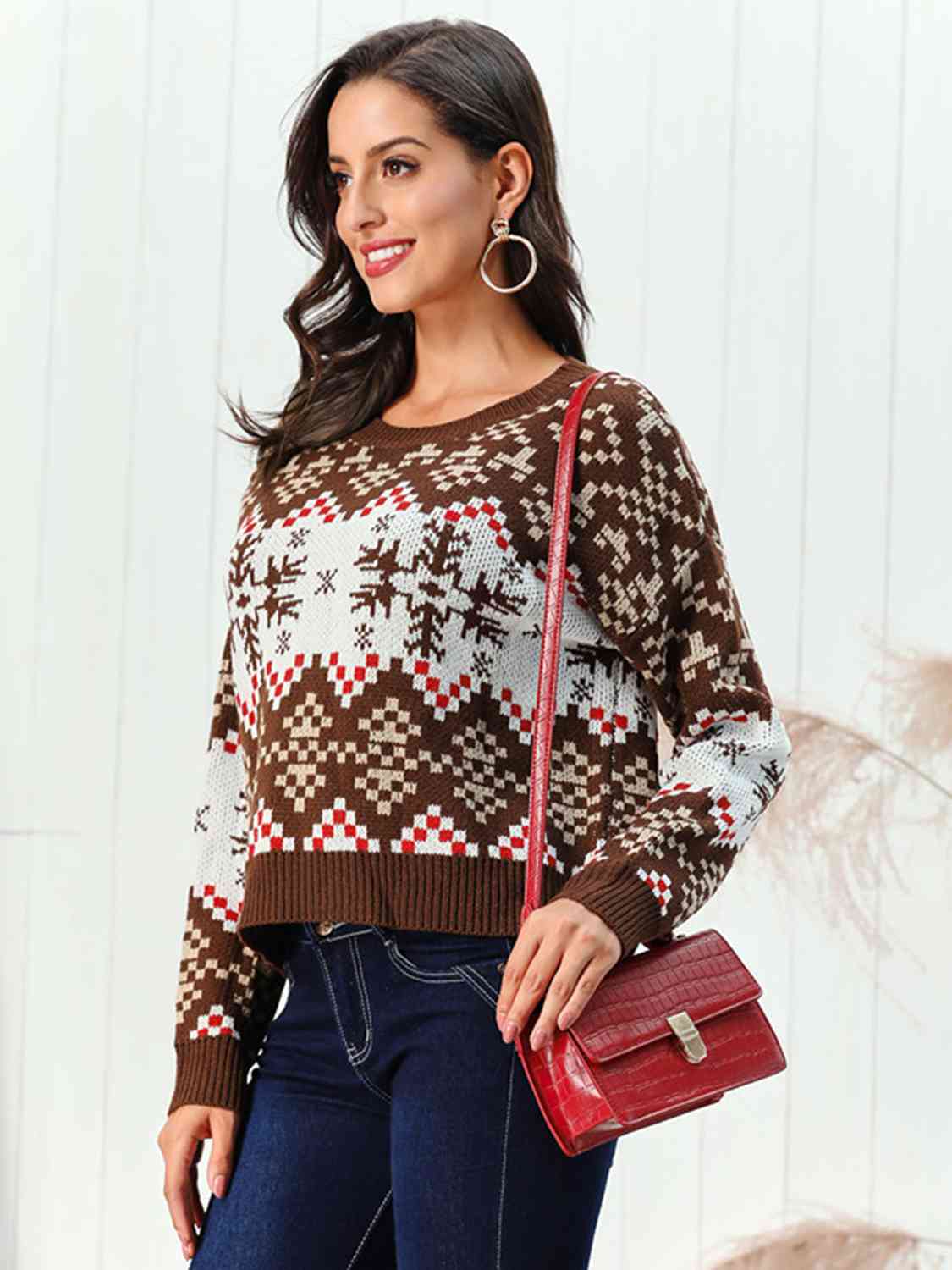 Snowflake Pattern Round Neck Sweater BLUE ZONE PLANET