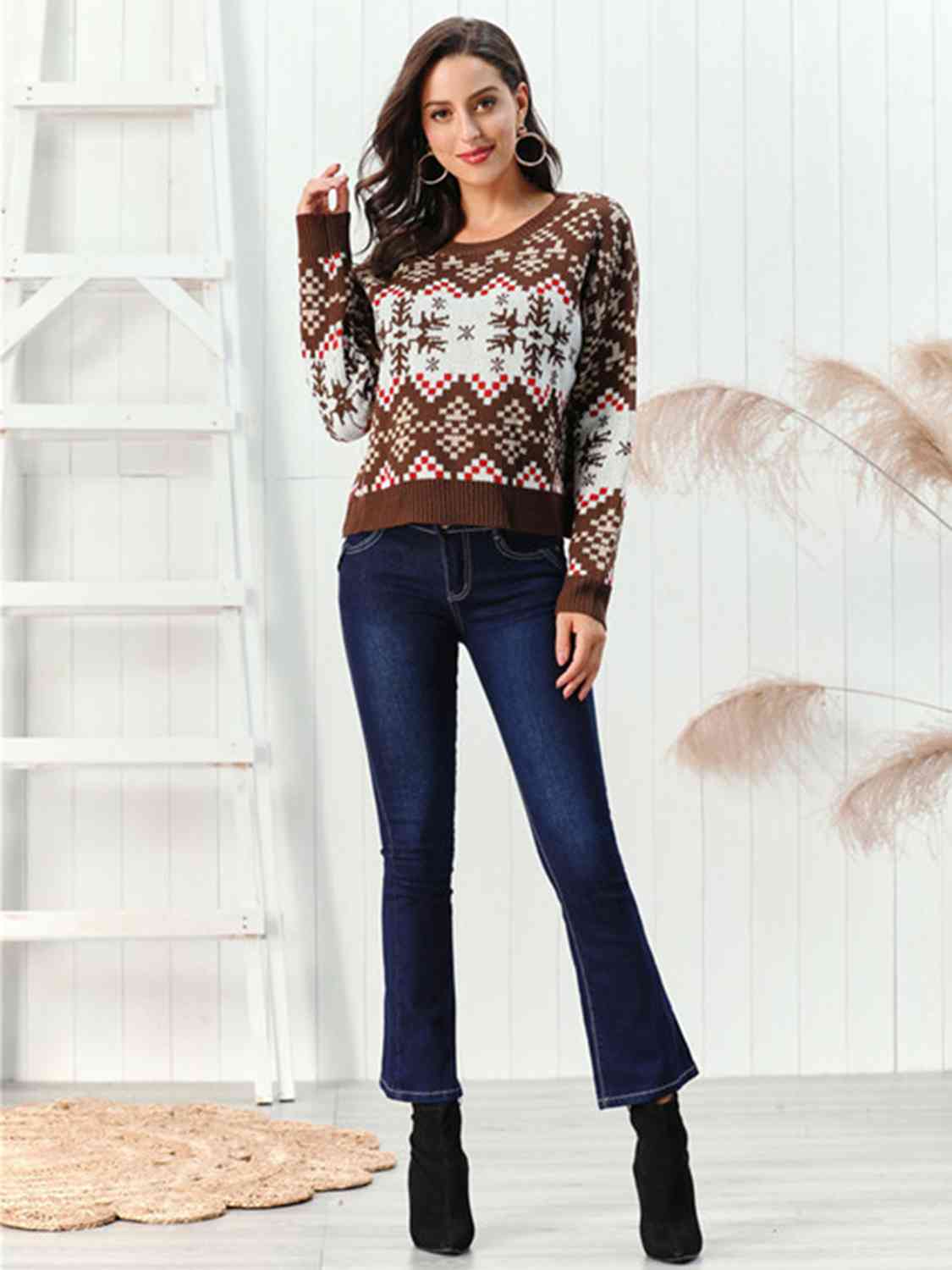 Snowflake Pattern Round Neck Sweater BLUE ZONE PLANET