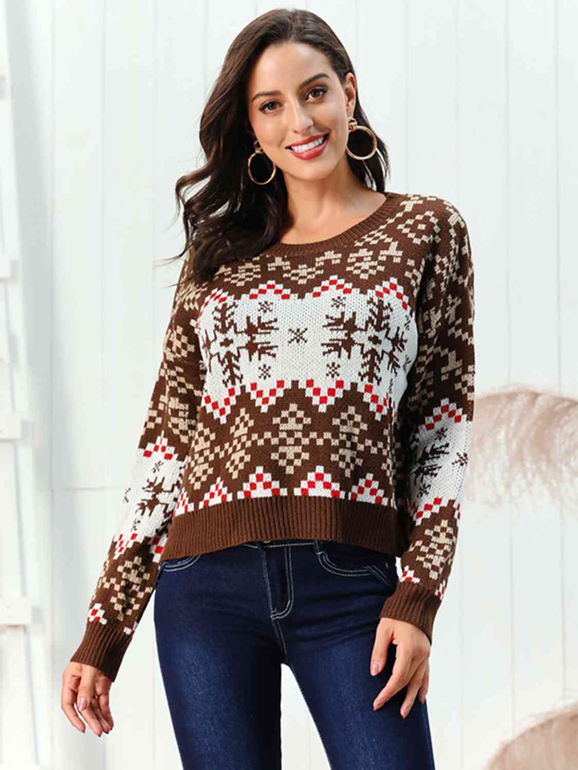 Snowflake Pattern Round Neck Sweater BLUE ZONE PLANET