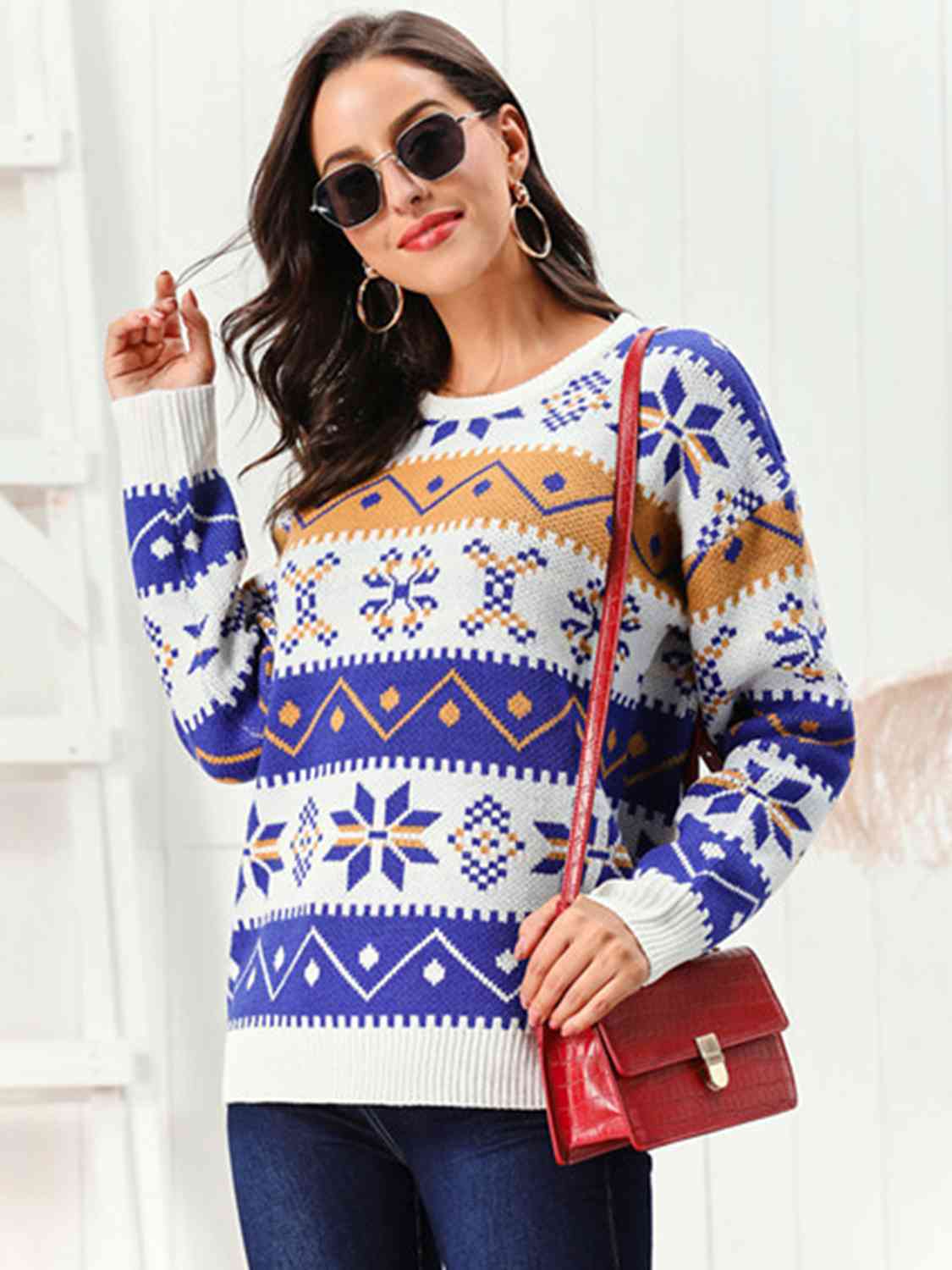 Snowflake Pattern Round Neck Sweater BLUE ZONE PLANET