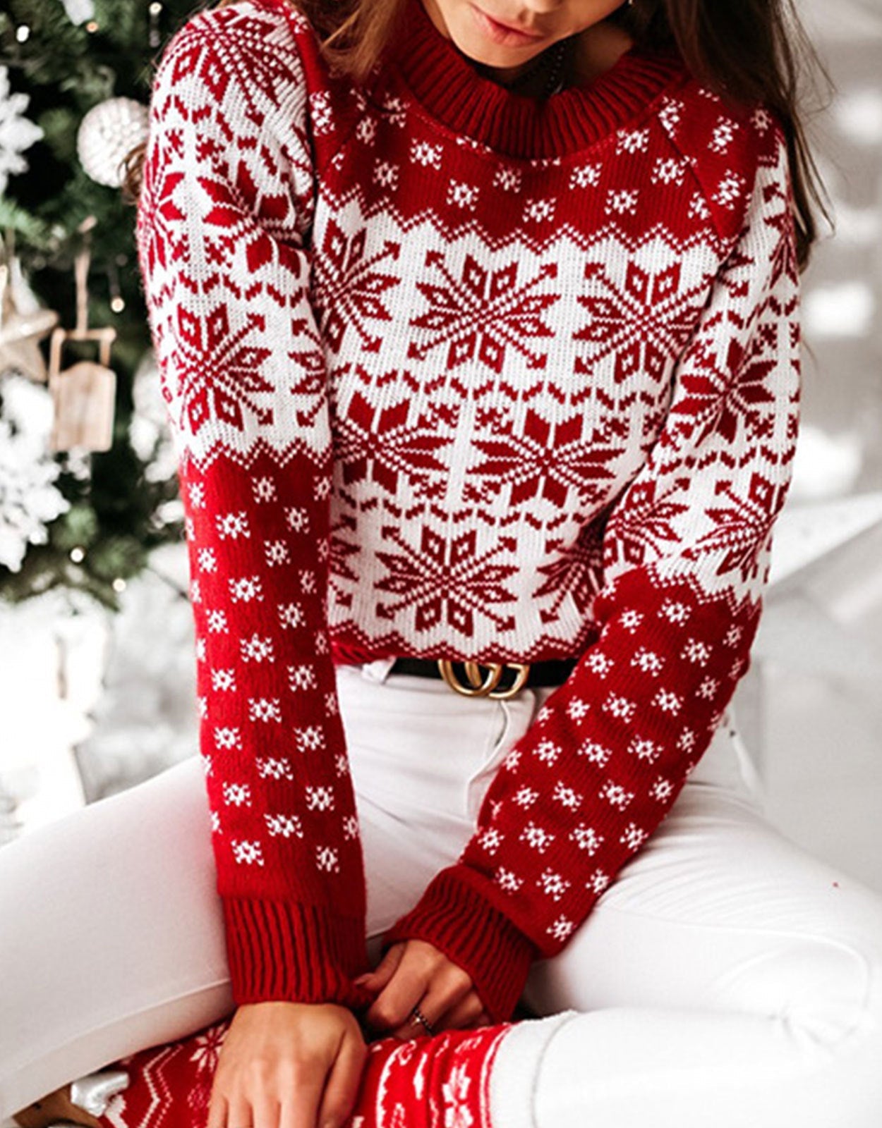 Snowflake Round Neck Sweater-TOPS / DRESSES-[Adult]-[Female]-Deep Red-S-2022 Online Blue Zone Planet