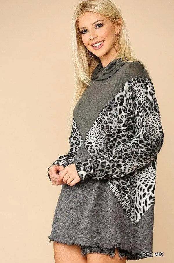 Solid And Animal Print Mixed Knit Turtleneck Top With Long Sleeves Blue Zone Planet