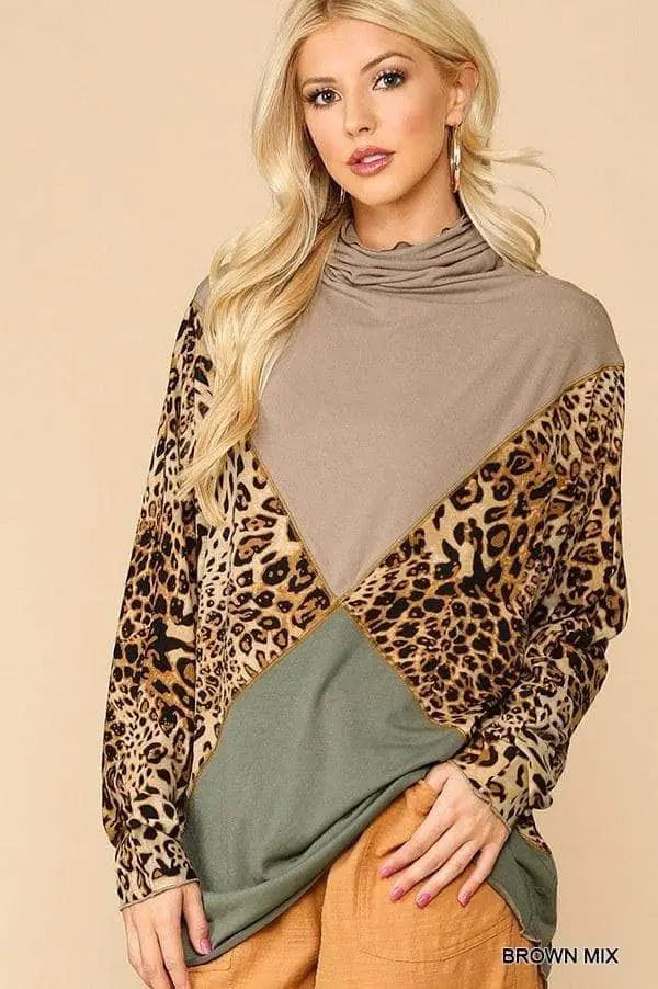 Solid And Animal Print Mixed Knit Turtleneck Top With Long Sleeves Blue Zone Planet