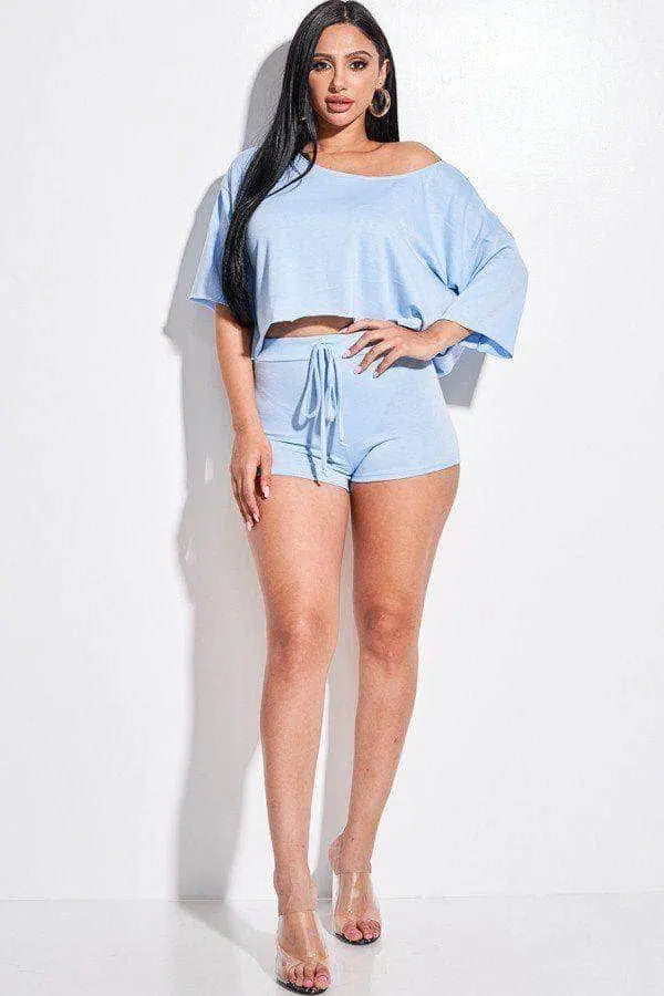Solid French Terry Slouchy Top And Shorts Two Piece Set Blue Zone Planet
