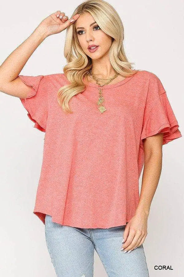 Solid Round Neck Frill Sleeve Top With Scoop Hem Blue Zone Planet