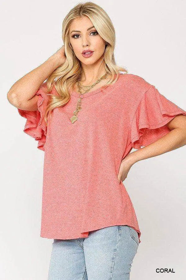Solid Round Neck Frill Sleeve Top With Scoop Hem Blue Zone Planet