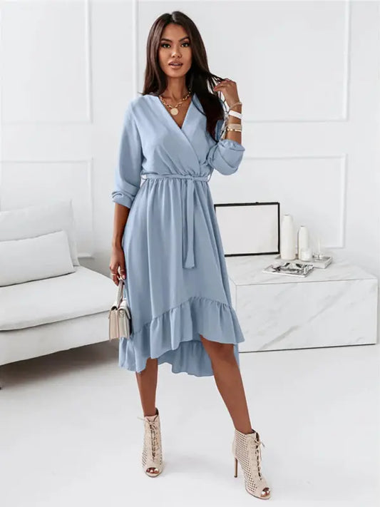 Solid Ruffle Elegant Long Sleeve Dress kakaclo