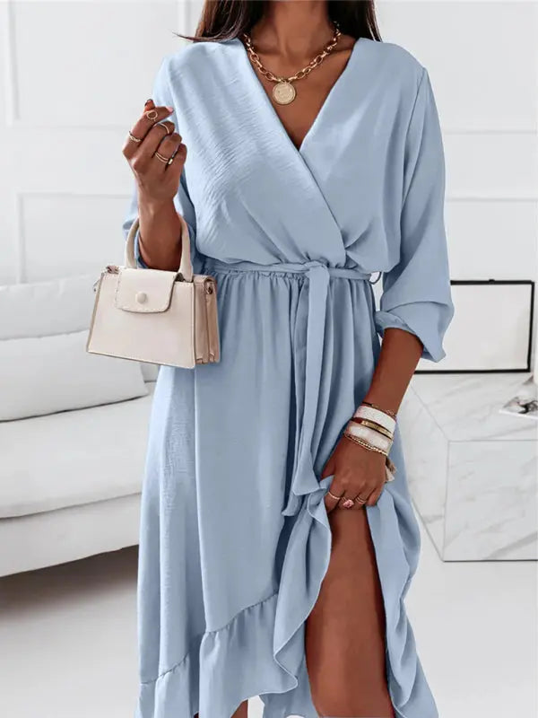 Solid Ruffle Elegant Long Sleeve Dress kakaclo