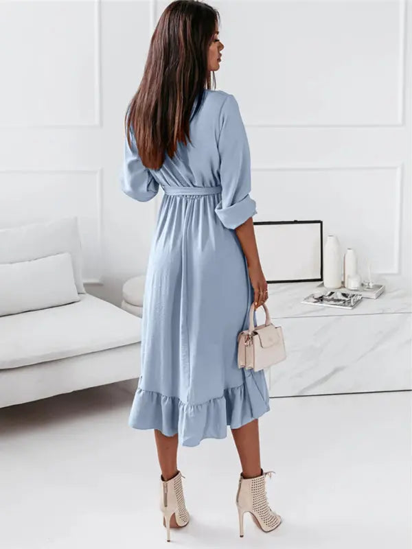 Solid Ruffle Elegant Long Sleeve Dress kakaclo