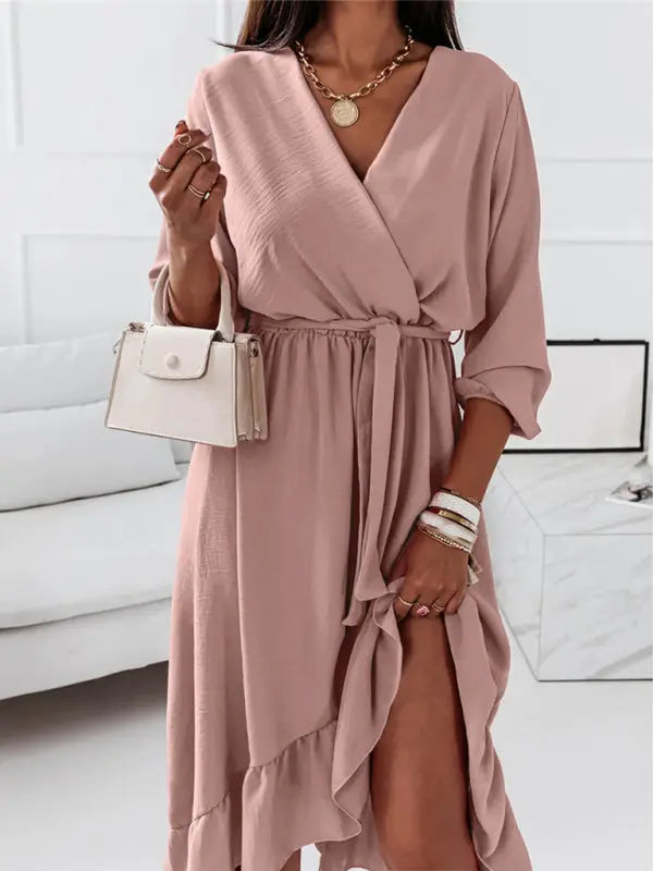 Solid Ruffle Elegant Long Sleeve Dress kakaclo