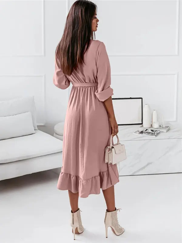 Solid Ruffle Elegant Long Sleeve Dress kakaclo