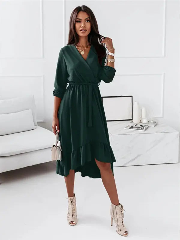 Solid Ruffle Elegant Long Sleeve Dress kakaclo