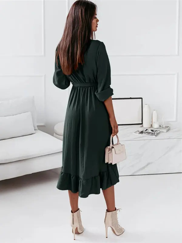 Solid Ruffle Elegant Long Sleeve Dress kakaclo