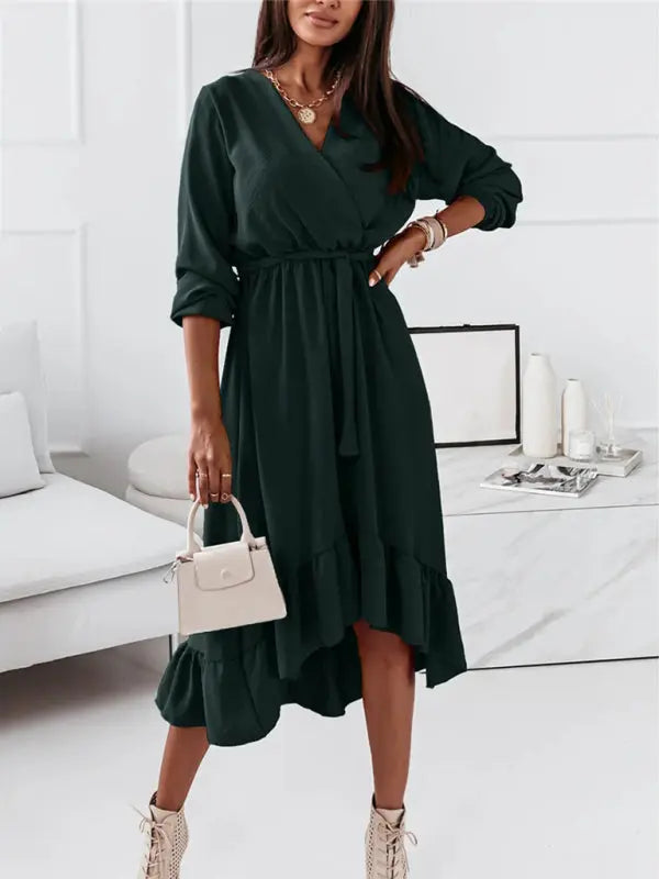 Solid Ruffle Elegant Long Sleeve Dress kakaclo