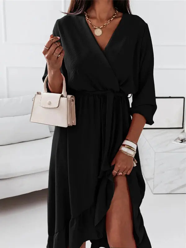 Solid Ruffle Elegant Long Sleeve Dress kakaclo