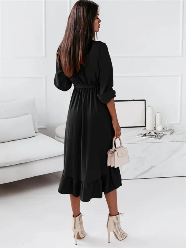 Solid Ruffle Elegant Long Sleeve Dress kakaclo